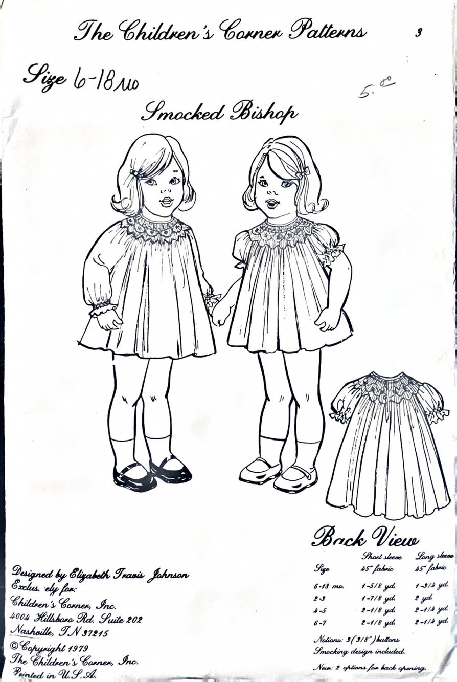 Children's Corner Smocked Bishop Dress sizes 6-18 Months Instructions Diagrams